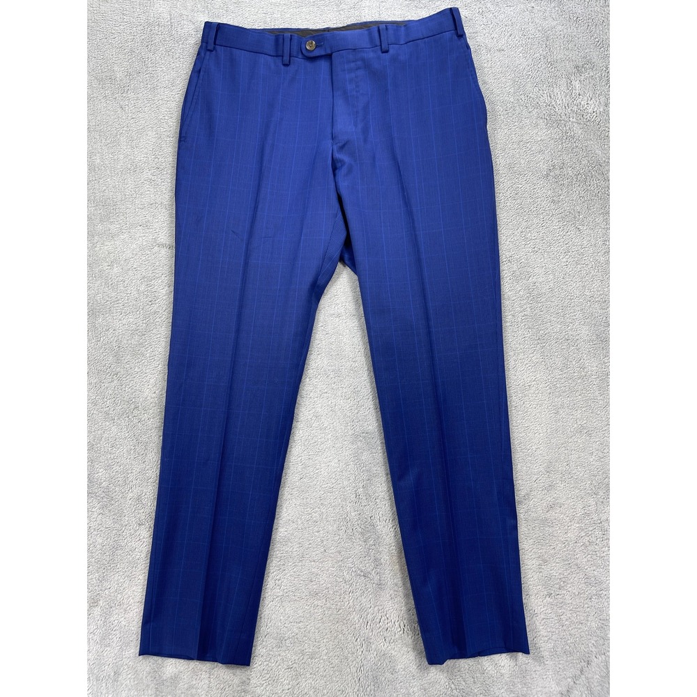 Indochino Dress Pants Mens 32x28 Blue Plaid Custom Tailored Flat Front Slim Fit